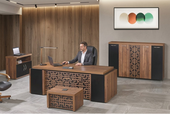 Bureau complet Mobilier de bureau Bureau de bureau Bureau de bureau Ensemble 4 pièces Bois Marron