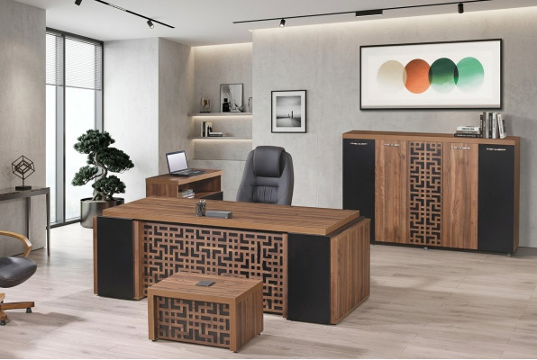 Bureau complet Mobilier de bureau Bureau de bureau Bureau de bureau Ensemble 4 pièces Bois Marron