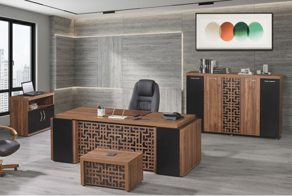 Mobilier de salle d'étude Bureau de bureau Ensemble de bureau 4 pièces Bois Marron