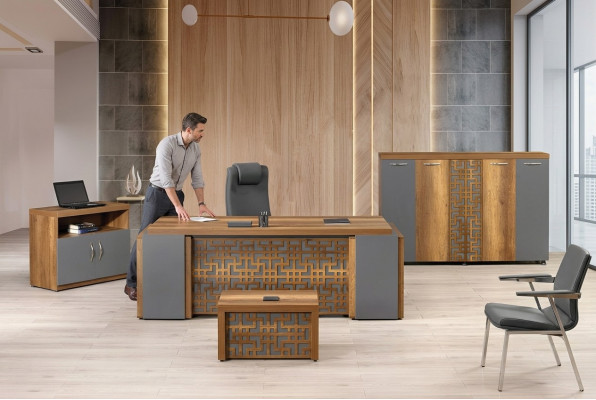Bureau de bureau Mobilier de bureau Ensemble complet de bureau en bois brun 4 pièces