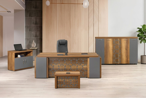 Bureau de bureau Mobilier de bureau Ensemble complet de bureau en bois brun 4 pièces