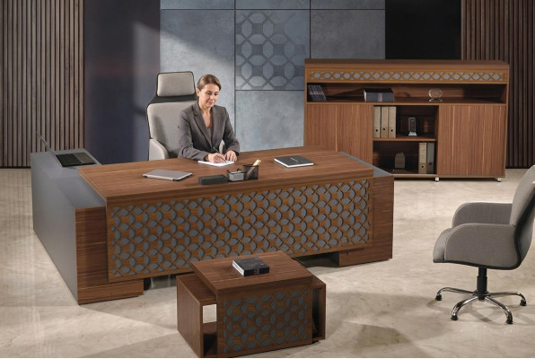 Mobilier de bureau complet Angle de bureau Table de bureau Set de bureau en bois brun 3 pièces