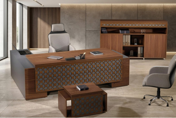Mobilier de bureau complet Angle de bureau Table de bureau Set de bureau en bois brun 3 pièces