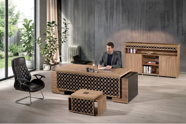 Table de bureau d'angle de luxe Ensemble de bureau complet 3 pièces Bois Marron Mobilier de bureau