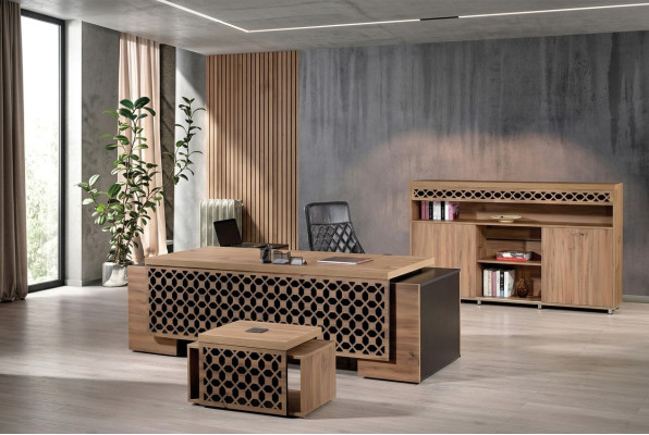 Table de bureau d'angle de luxe Ensemble de bureau complet 3 pièces Bois Marron Mobilier de bureau
