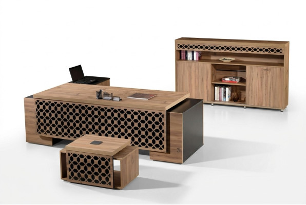 Table de bureau d'angle de luxe Ensemble de bureau complet 3 pièces Bois Marron Mobilier de bureau
