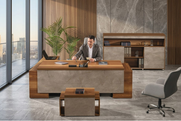 Mobilier de bureau complet Bureau d'angle Bureau de bureau Ensemble de bureau 3 pièces Bois Marron