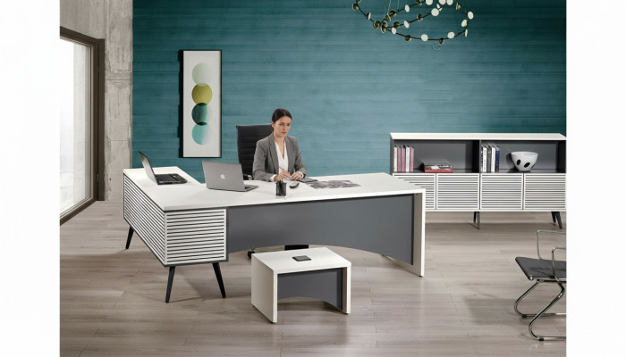 Bureau d'angle complet et ensemble de bureau 3 pièces en bois blanc pour bureau.