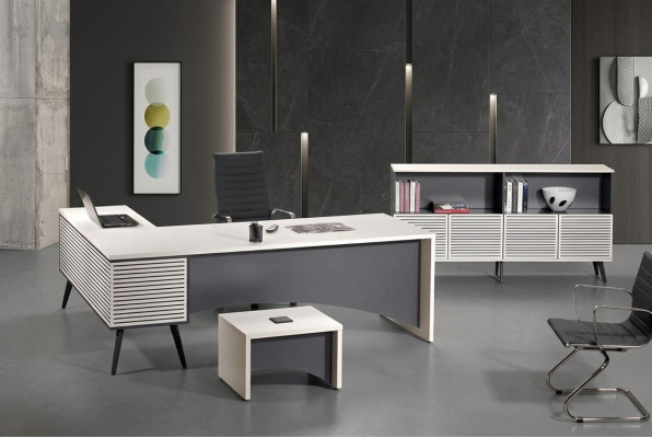 Bureau d'angle complet et ensemble de bureau 3 pièces en bois blanc pour bureau.