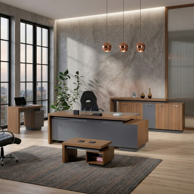 Bureau de bureau Mobilier de bureau Ensemble de bureau complet 4 pièces Bois Marron
