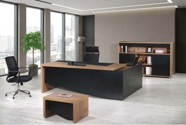 Meubles de salle d'étude Bureau d'angle complet 3 pièces en bois noir Mobilier de bureau