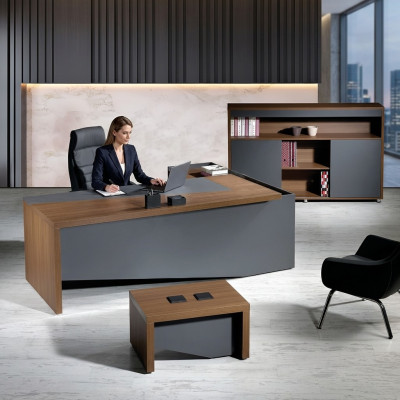 Bureau d'angle complet et ensemble de bureau en bois gris de 3 pièces