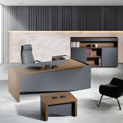 Bureau d'angle complet et ensemble de bureau en bois gris de 3 pièces