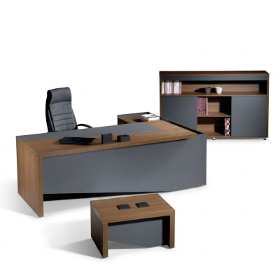 Bureau d'angle complet et ensemble de bureau en bois gris de 3 pièces
