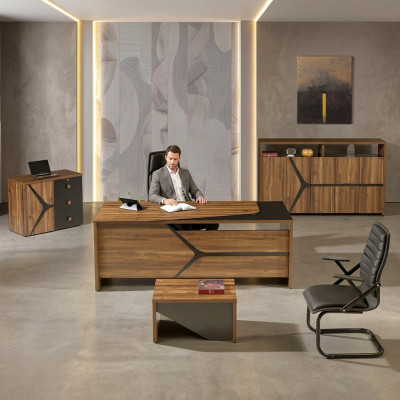 Mobilier complet de salle d'étude Bureau 4 pièces Bois Marron Mobilier de bureau