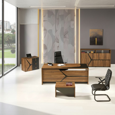 Mobilier complet de salle d'étude Bureau 4 pièces Bois Marron Mobilier de bureau