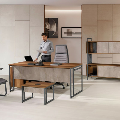 Mobilier de bureau d'étude complet et classique en coin marron, table de bureau en bois 3 pièces