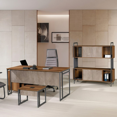 Mobilier de bureau d'étude complet et classique en coin marron, table de bureau en bois 3 pièces