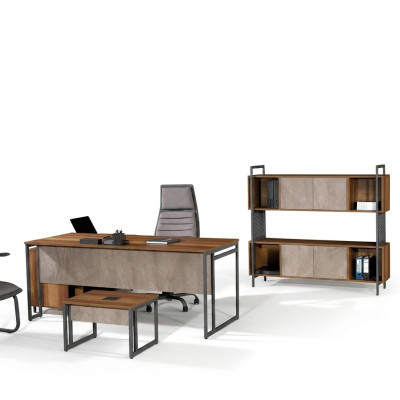 Mobilier de bureau d'étude complet et classique en coin marron, table de bureau en bois 3 pièces