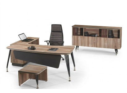 Mobilier de salle d'étude. Bureau complet de bureau d'angle. Table de bureau. Ensemble en bois marron de 3 pièces.
