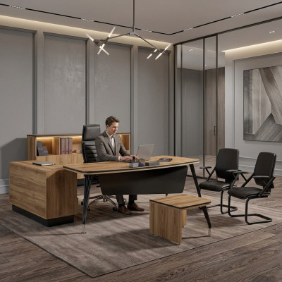 Table de bureau en coin classique Complète avec mobilier de salle d'étude En bois marron en 3 pièces