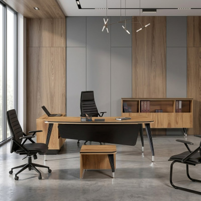 Table de bureau en coin classique Complète avec mobilier de salle d'étude En bois marron en 3 pièces