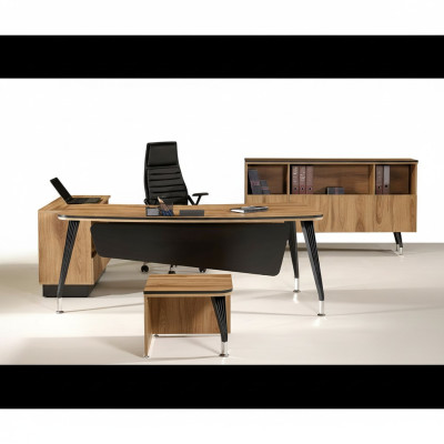 Table de bureau en coin classique Complète avec mobilier de salle d'étude En bois marron en 3 pièces