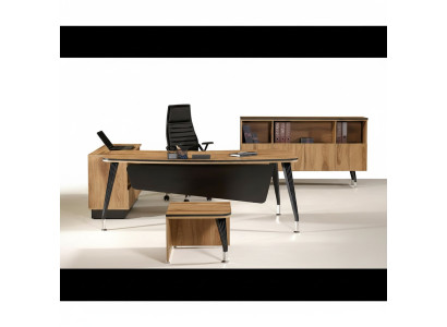 Table de bureau en coin classique Complète avec mobilier de salle d'étude En bois marron en 3 pièces