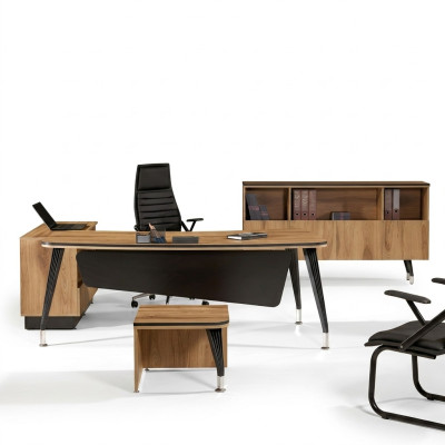 Bureau d'angle Table de bureau Mobilier de salle d'étude Ensemble de bureau complet 3 pièces en bois Marron
