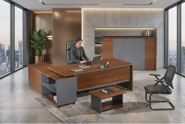 Groupe de bureau d'angle Complet Ensemble de bureau 3 pièces en bois Mobilier de bureau Marron