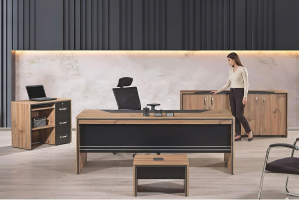Mobilier Bureau Mobilier de salle d'étude Ensemble bureau 4 pièces Bois Noir Table