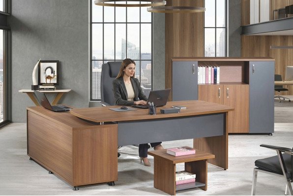 Groupe Bureau Coin Bureau table Mobilier de salle d'étude Armoire 3 pièces Bois Marron