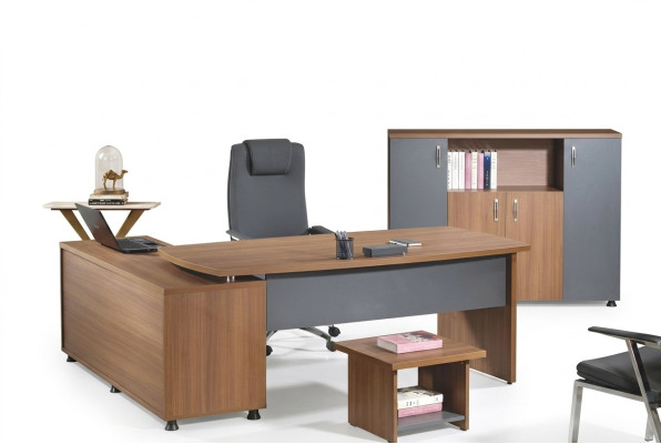 Groupe Bureau Coin Bureau table Mobilier de salle d'étude Armoire 3 pièces Bois Marron