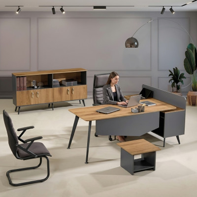Table de coin de bureau Mobilier de bureau moderne Salle d'étude brun Bureau 3 pièces Ensemble de groupe en bois
