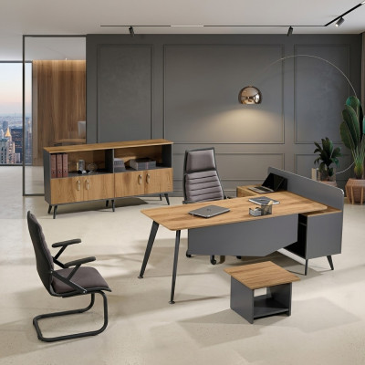 Table de coin de bureau Mobilier de bureau moderne Salle d'étude brun Bureau 3 pièces Ensemble de groupe en bois