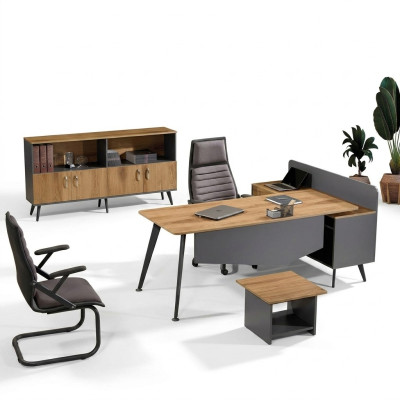 Table de coin de bureau Mobilier de bureau moderne Salle d'étude brun Bureau 3 pièces Ensemble de groupe en bois
