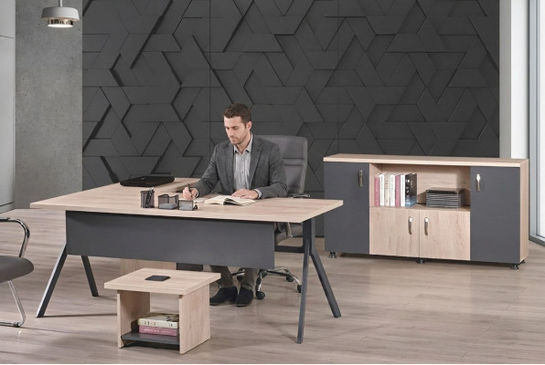 Mobilier de bureau complet Coin de bureau Bureau en bois 3 pièces Gris
