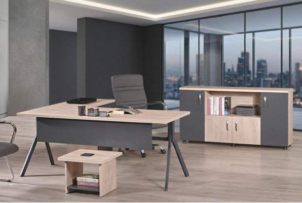 Mobilier de bureau complet Coin de bureau Bureau en bois 3 pièces Gris