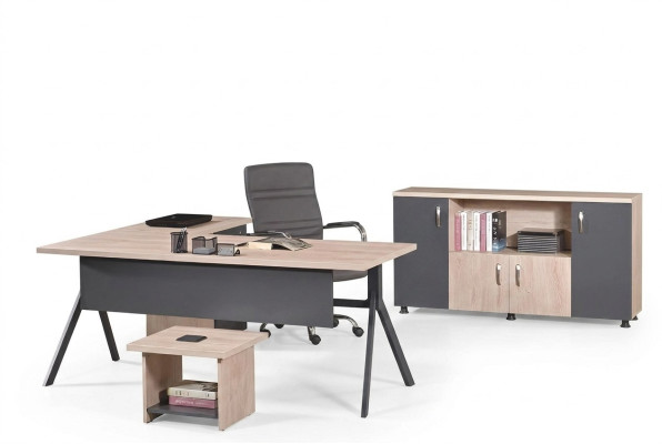 Mobilier de bureau complet Coin de bureau Bureau en bois 3 pièces Gris