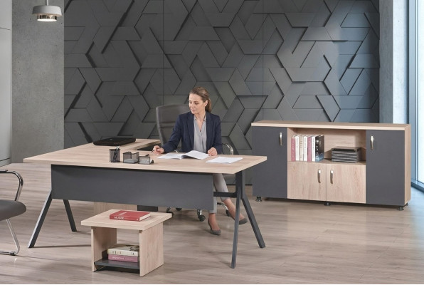 Table de travail Complet Bureau de bureau Mobilier de bureau Table de bureau d'angle Ensemble de 3 pièces en bois Gris