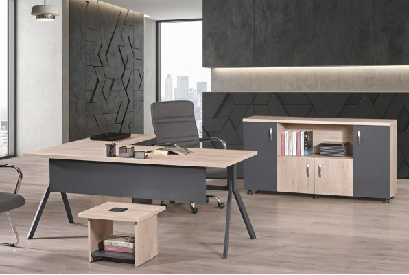 Table de travail Complet Bureau de bureau Mobilier de bureau Table de bureau d'angle Ensemble de 3 pièces en bois Gris