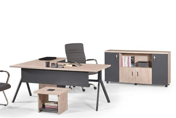Table de travail Complet Bureau de bureau Mobilier de bureau Table de bureau d'angle Ensemble de 3 pièces en bois Gris