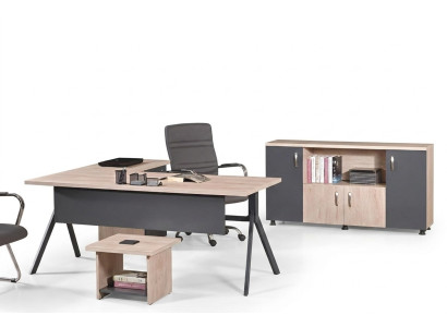 Table de travail Complet Bureau de bureau Mobilier de bureau Table de bureau d'angle Ensemble de 3 pièces en bois Gris