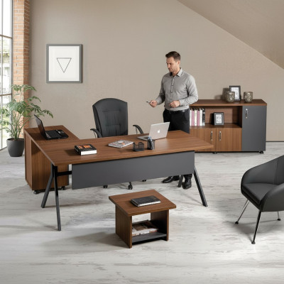 Table de coin de bureau, table de travail, mobilier de bureau complet en bois gris en 3 pièces