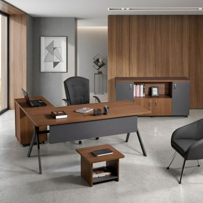 Table de coin de bureau, table de travail, mobilier de bureau complet en bois gris en 3 pièces