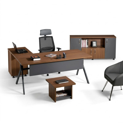 Table de coin de bureau, table de travail, mobilier de bureau complet en bois gris en 3 pièces