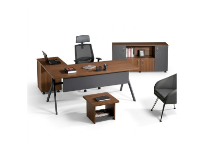 Table de coin de bureau, table de travail, mobilier de bureau complet en bois gris en 3 pièces