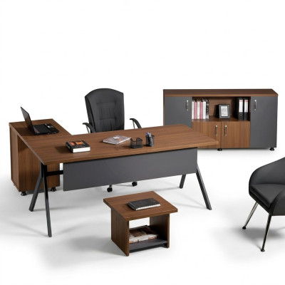 Mobilier de salle d'étude. Coin bureau complet avec table de bureau. Ensemble de 3 pièces en bois gris.