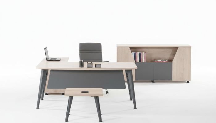 Bureau d'angle complet Table de travail 3 pièces en bois gris pour mobilier de bureau