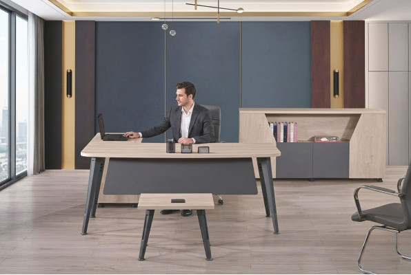 Mobilier de bureau bureau d'angle table de travail Table de travail Ensemble de bureau complet en bois composé de 3 pièces gris